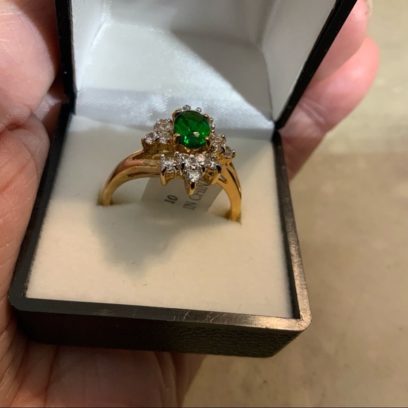 SYN EMERALD CLUSTER CZ GOLD PL RING SZ 10 14KT - Picture 11 of 16